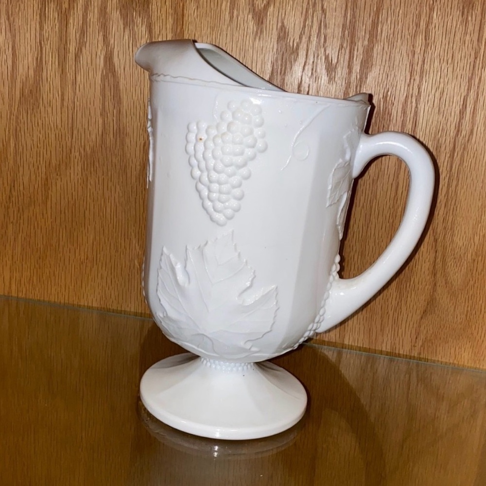 Vintage Milk Glass White Embossed Pitcher with Grape Design